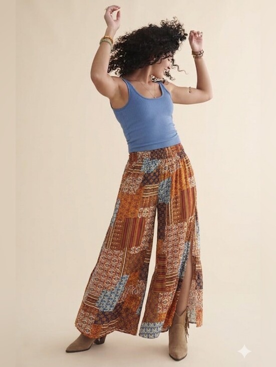 Main Strip Pants - Main Strip Patchwork Wide-Leg Split Pants in Rust & Blue